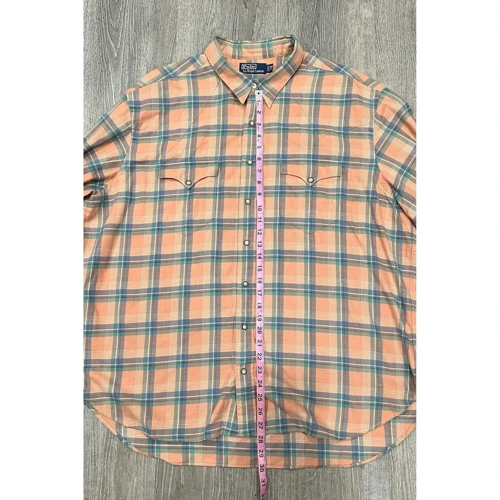 Polo Ralph Lauren Shirt Mens 3XB Peach Plaid‎ Pearl Snap Western Flannel Shirt